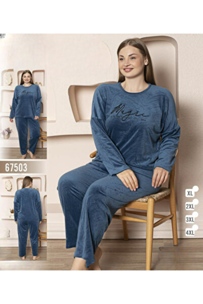 zahyat Women's embroidered blue velvet pajamas - comfortable winter set (magical)