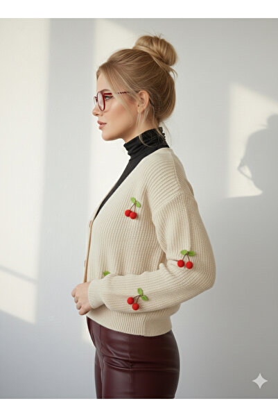 ribana Women's V-Neck Pinterest Cherry Accessory Knitted Sweater Cardigan