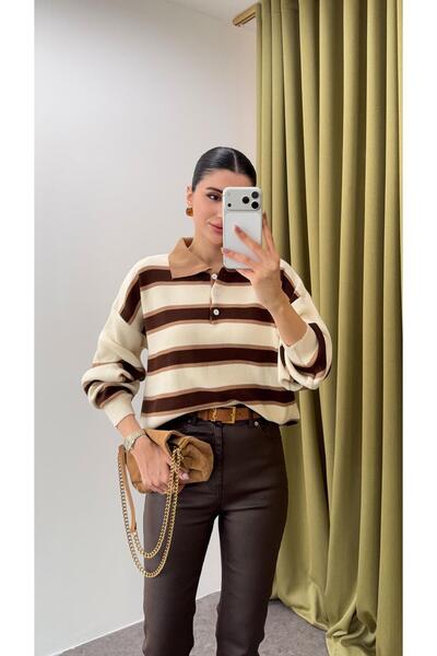 HAZELANNA Polo Neck Brown Striped Sweater