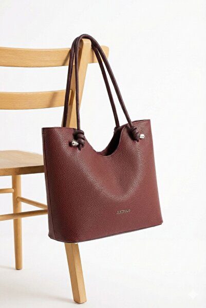 Just Polo Elite Burgundy Knot Detailed Large Internal Volume D Leather-Look Women's Hand and Shoulder Bag Pbu2207