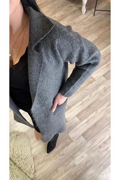 fatma keskin linna butik Women's Anthracite Belted Long Cardigan with Pockets