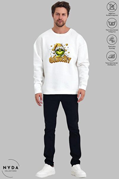 Nyda Collections Unisex Long Sleeve Grinchy Printed Crew Neck Hoodless Fleece-Lined Oversized Sweatshirt