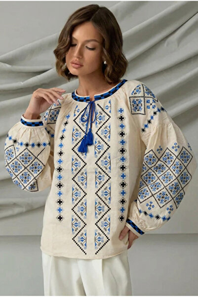 FEMELLE Women's Beige Balloon Sleeve Collar Tassel Embroidered Blouse