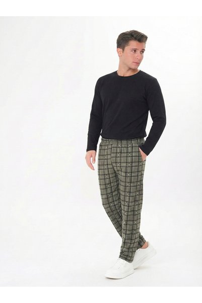 Pijamasoft Men's Pajama Set Pocketed Black-Khaki Green Plaid Printed Cotton Piece Knitted Long Sleeve