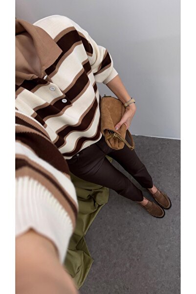 HAZELANNA Polo Neck Brown Striped Sweater