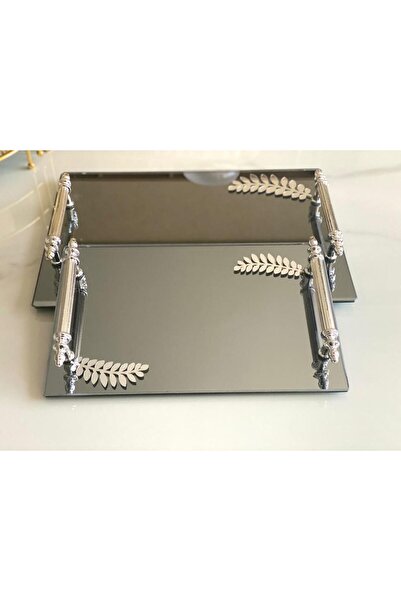 Mirsa Global صينية تقديم مزخرفة بنمط أوراق الشجر مع مرآة، صينية شاي، صينية شاي فاخرة