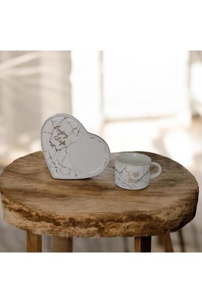 OEM Set of 2 Heart-Shaped Cups with Saucers – White Marble Pattern, Elegant Design “Enjoy Life”