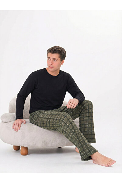 Pijamasoft طقم بيجامة رجالي من القطن المحبوك بأكمام طويلة وجيوب باللون الأسود والكاكي والأخضر مطبوع