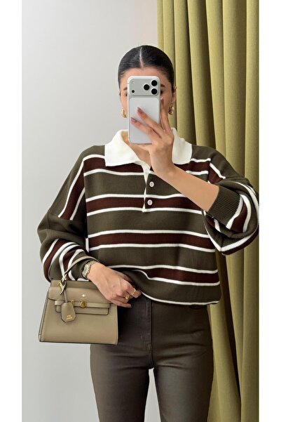 HAZELANNA Polo Neck Khaki Striped Sweater
