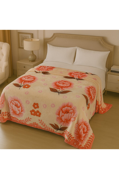 BaoBao Cocolino blanket 200x230 cream with pink orange flowers, fluffy for double bed