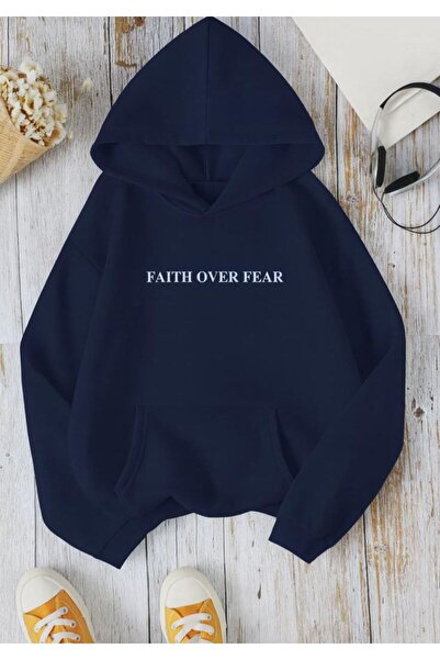 herkesemoda Hooded Sweatshirt with Fait over Print Detail