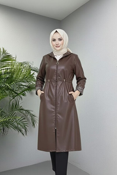 Hb Harma Time Butik Kadın Fermuarlı Kapüşonlu İçi Şardonlu Deri Kahverengi Kap