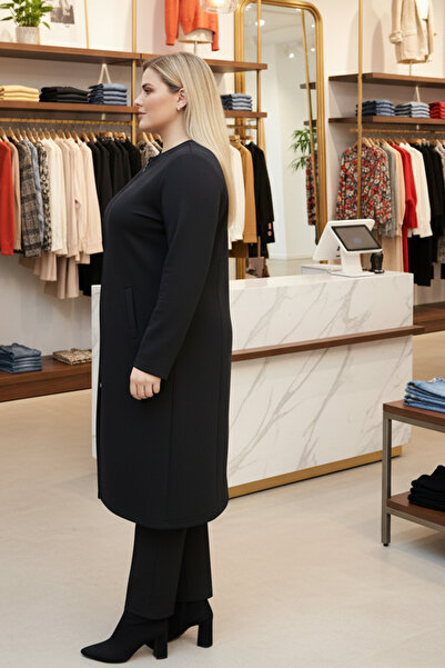 Laden Knitwear Transitional Steel Knit Plus Size Zippered Cap Long Cardigan Black Mother Cardigan