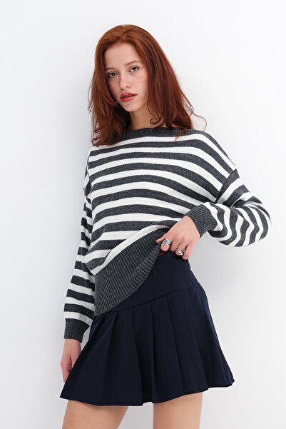 Addax Boat Neck Striped Knit Sweater K3525