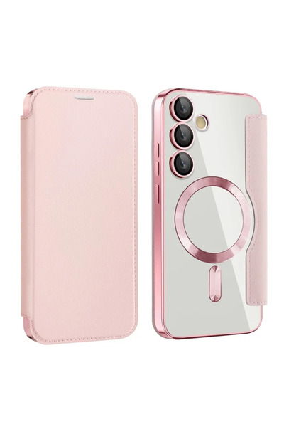 Samsung Θήκη MagFlip για S24 FE (S721), Μαγνήτης, Προστασία RFID, Δέρμα, Χρωμιωμένη Άκρη, Ροζ