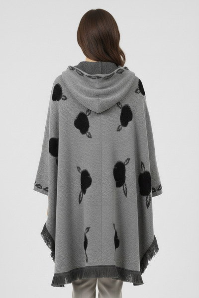 Uludağ Triko Gray Black Embossed Rose Patterned Hooded Women's Poncho