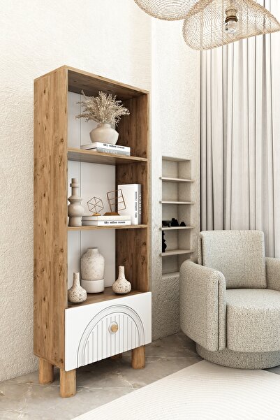 izcodesign 4 Raflı 162 cm Bohem Model MDF Membran Kapaklı Salon Dolabı Kitaplık Çok Amaçlı Dolap