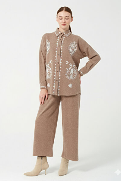 Hatun Atila Embroidered Hera Fabric Double Suit 8564 Light Brown