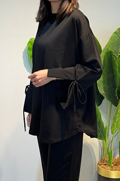 Lale Butik Cuff and Waist Lace Detail Sweat Tunic 3066 Black