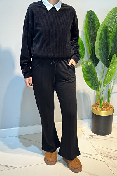 Lale Butik Nervür Stitched Waist Elasticated Lace-Up Trousers 1887 Black