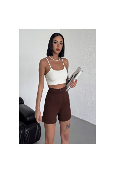 byhodi High Waist Stretchy Lycra Crepe Shorts Offering Style and Comfort Together Brown
