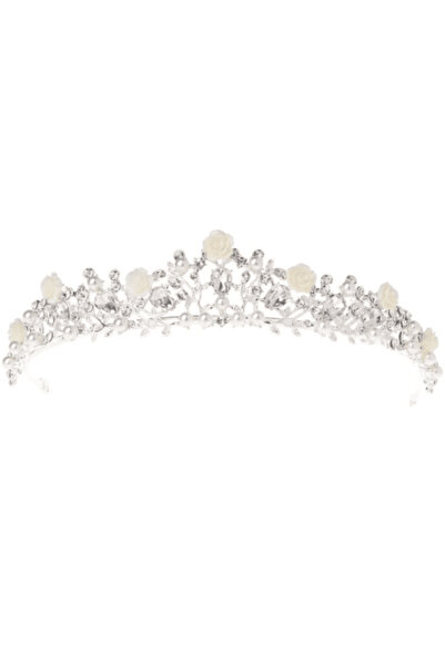 CRM Bridal Diadem with Pearls, Crystals and Roses - Silver