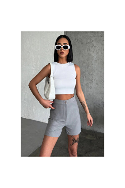 byhodi High Waist Crepe Stretchy Grass Stripe Shorts Gray, Offering Elegance and Elegance Together