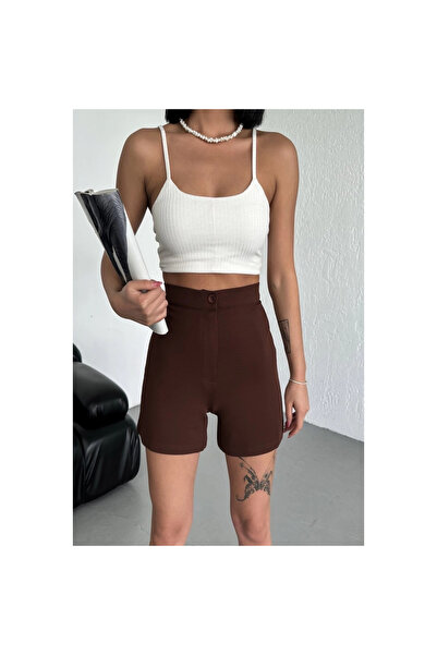 byhodi High Waist Stretchy Lycra Crepe Shorts Offering Style and Comfort Together Brown