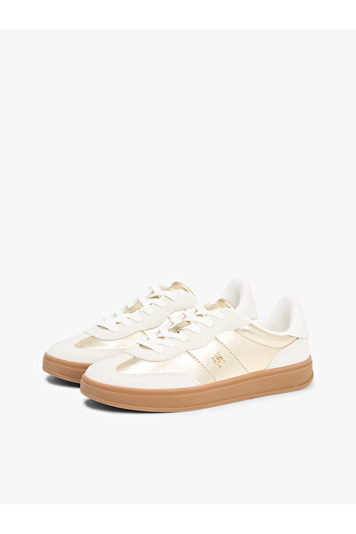 Tommy Hilfiger Women's Metallic Coated Lace-Up Sneaker with Th Monogram Plate on the Side Gold Sneaker Fw0Fw09026-0Ht