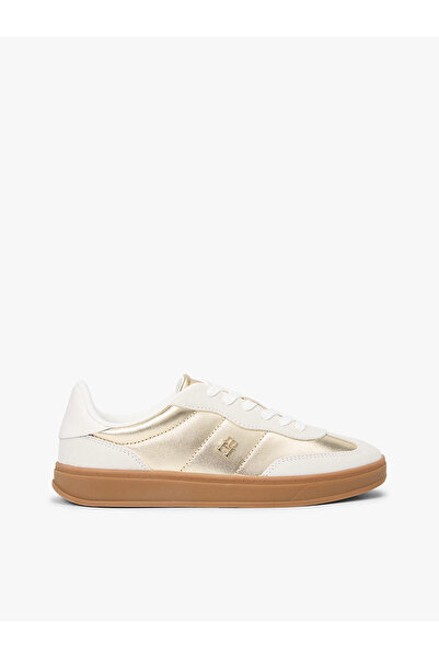 Tommy Hilfiger Women's Metallic Coated Lace-Up Sneaker with Th Monogram Plate on the Side Gold Sneaker Fw0Fw09026-0Ht