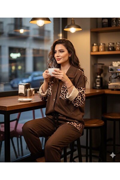 AGORATEKSTİL Women's Original Italian Stone Leopard Detailed Suede Suit (Shirt and Pants)