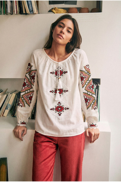 FEMELLE Women's White Collar Tassel Lace Detailed Embroidered Cotton Blouse