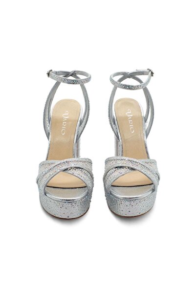 Vario Stone Detailed Platform Heeled Ankle Strap Shoes Z556 Silver Satin White + Crystal