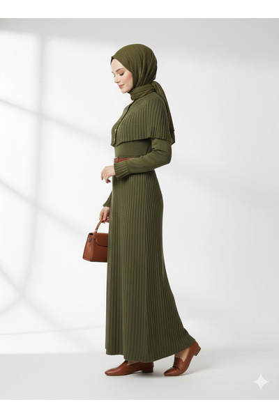 ribana Women's Cape and Button Detailed Elastic Waist Tight Knit Pleated Hijab Long Knitwear Dress