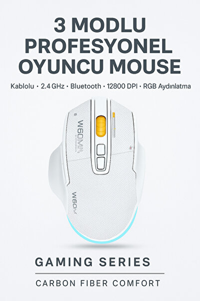 RabbitTech W601 Tri-Mode Gaming Mouse – 12800 DPI, RGB, BT + 2.4GHz + Kablolu...