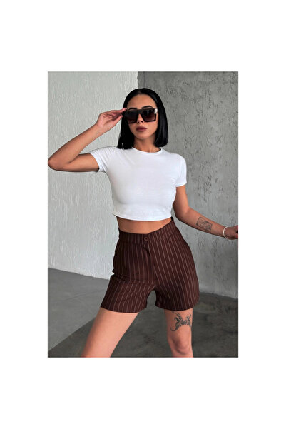 byhodi High Waist Crepe Stretchy Grass Striped Shorts Brown Offering Elegance and Elegance Together