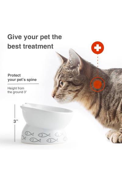 OEM Raised Ceramic Cat Bowl, Slanted, Non-Slip, Fish Design for Healthy Feeding