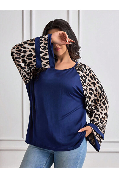 ModaSehle Women's Long Sleeve Leopard Detail Navy Blue Blouse