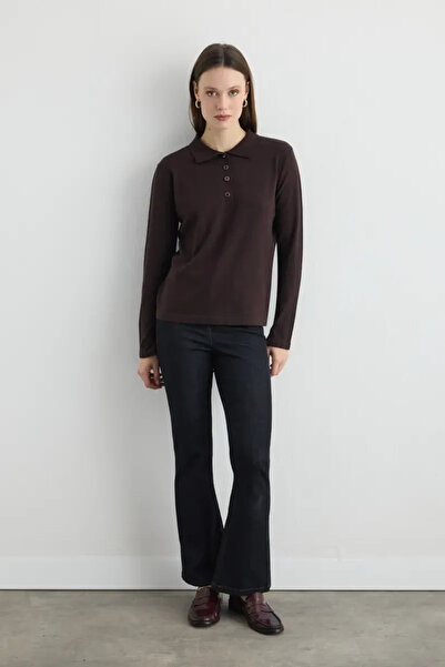 Gusto Polo Neck Buttoned Knit Blouse - Brown