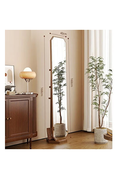 NKX مرآة دوارة كاملة الطول على الطراز العتيق مع رف للمعاطف والتخزين، لون الجوز.