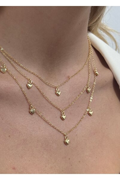 KİLİGİSTANBUL 3 Sira Gold Hearts Necklace