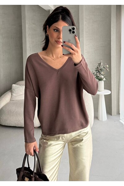 BEJNA Women's V-Neck Backless Soft Modal Textured Flowy Blouse