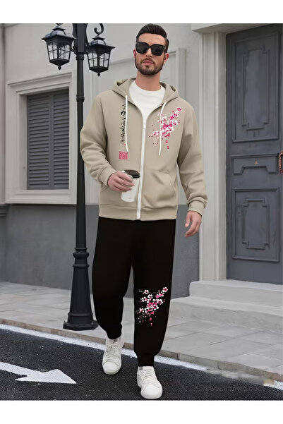 ANUSHKA Unisex Sakura Japanese Printed 3 Thread Ş Fleece-Lined K Hooded Tracksuit Set