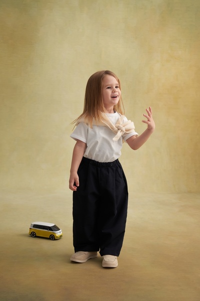 EBU Prive Pantaloni plisați din gabardină pentru copii unisex, albastru închis