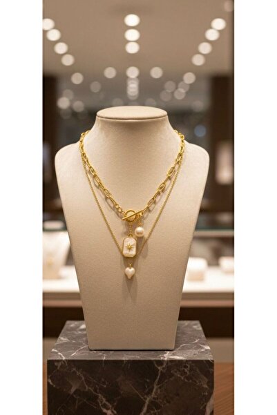 SEVEREKTAK Women's Combination Pearl Detailed Triple Necklace Set