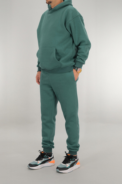 Souris Men's Petrol Green Tracksuit Set Relaxed Fit 3 Thread Fleece-Lined Hooded Drawstring Ribbed Waist