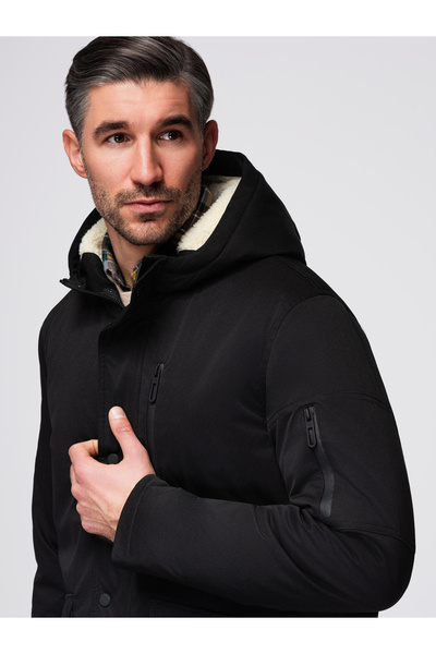 OMBRE Parka lungă pentru bărbați cu căptușeală de blană - Negru OM-JAPJ-0316