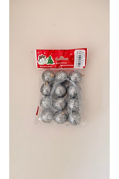 suprizegift Yılbaşı Ağacı Süsü 3 Cm Gri Renkli Simli Strafor Top Ağaç Süsü 12’li
