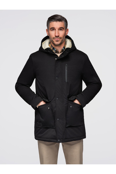 OMBRE Parka lungă pentru bărbați cu căptușeală de blană - Negru OM-JAPJ-0316