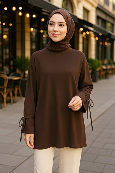 Lale Butik Sweat Tunic with Cuff and Waist Tie Detail 3066 Brown